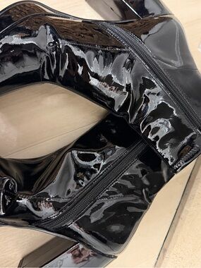 Patent Leather Black Heeled Boots - Women's Stylish Zip-Up